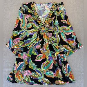 Trina Turk Sea Garden Floral Tunic Dress Batwing Tunic green pink Sz Sm Cover Up
